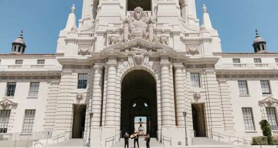 Pasadena City Hall in California against blue sky.
